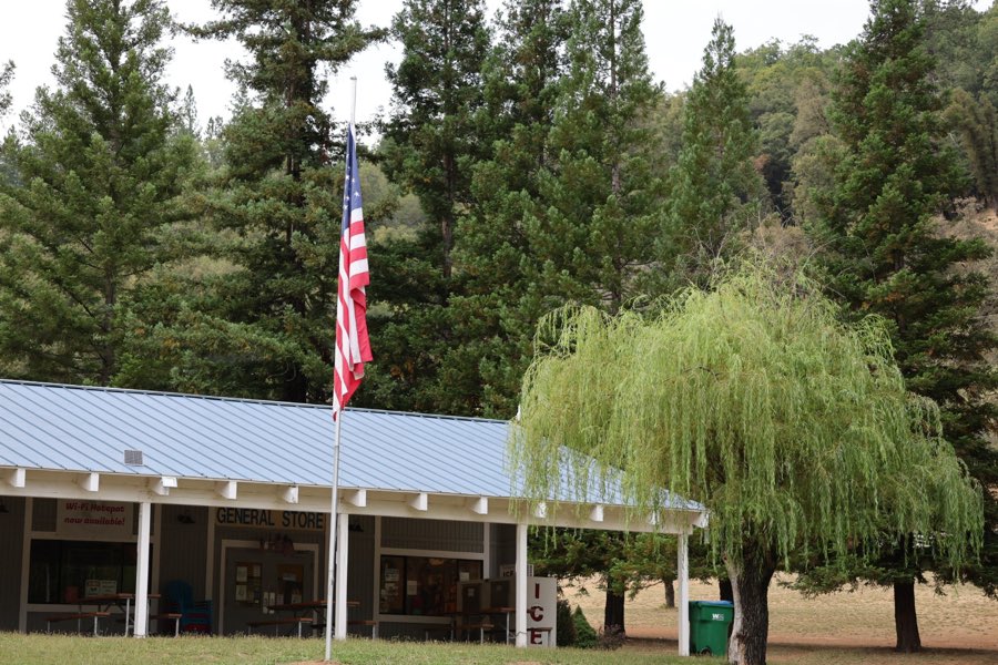 The Greenhorn General Store with the flag and a willow tree