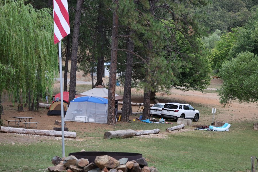 A campsite with tents, a screen canopy and a fire ring under the pines