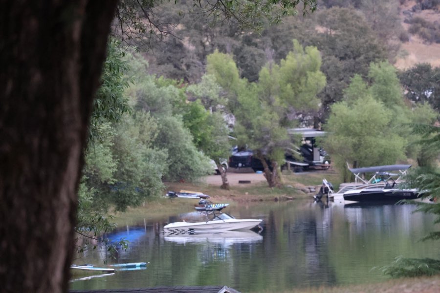 Wake boats moored just off the shoreline in front of the campsites