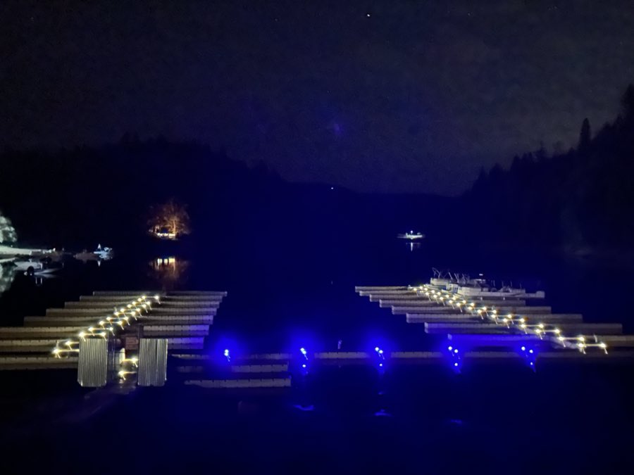 Boat docks outlined in white and blue lights on a dark lake under a starry sky